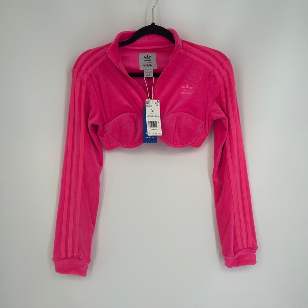 NWT Adidas x Jeremy Scott Cropped Bustier Pink Velour Zip Track Jacket Preppy - Picture 8 of 13